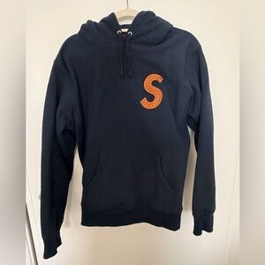 Supreme Navy Blue Hoodie with Orange S Logo